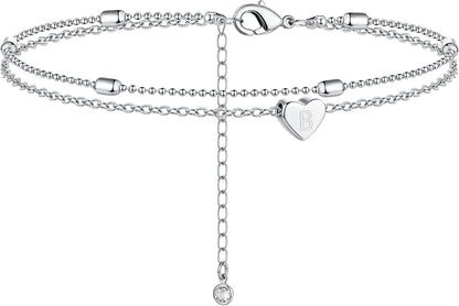 Moodear Silver Ankle Bracelets for Women, Sterling Silver Initial Anklet Layered Dainty Tiny Heart Charm Handmade Carved Alphabet A-Z Letter Ankle Bracelet Beaded Foot Chain Personalized Name Anklets Summer Cute Boho Beach Gift for Her Apparel & Accessories > Jewelry > Anklets Moodear Sterling Silver-B  