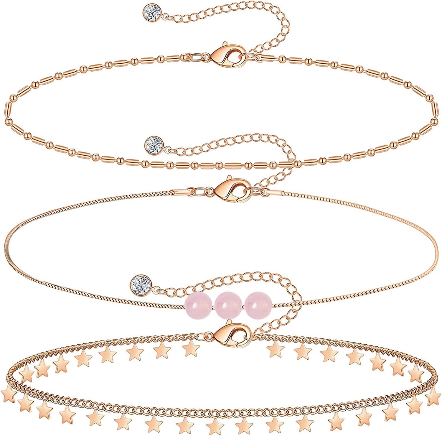 Gold Ankle Bracelets for Women 14K Gold Plated Anklet Silver Tennis Butterfly Star Coin Quartz Bead Snake Paperclip Chain Dainty Layered Anklet Set 3Pcs Jewelry Gifts for Teen Girls Apparel & Accessories > Jewelry > Anklets Vermeyen O-Rose Gold-Star  