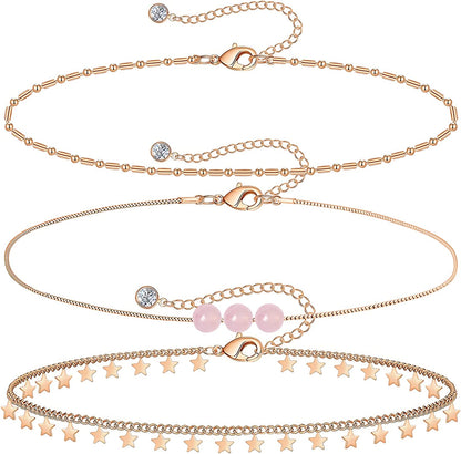Gold Ankle Bracelets for Women 14K Gold Plated Anklet Silver Tennis Butterfly Star Coin Quartz Bead Snake Paperclip Chain Dainty Layered Anklet Set 3Pcs Jewelry Gifts for Teen Girls Apparel & Accessories > Jewelry > Anklets Vermeyen O-Rose Gold-Star  