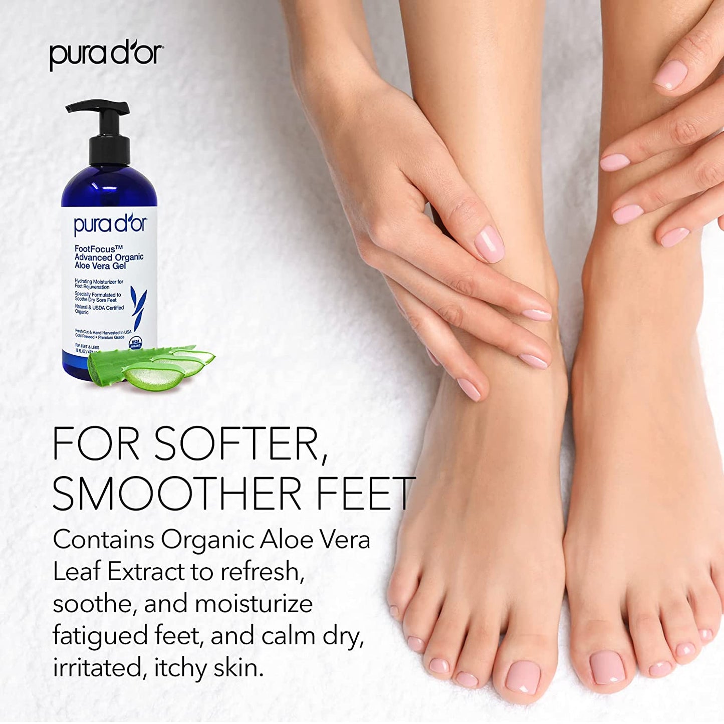 PURA D'OR Footfocus Advanced Organic Aloe Vera Gel (16Oz) Hydrating Moisturizing Foot Care - Rejuvenates & Soothes Dry, Sore Feet & Legs - Helps Reduce Odor - for Men & Women Health & Beauty > Personal Care > Foot Care PURA D'OR   