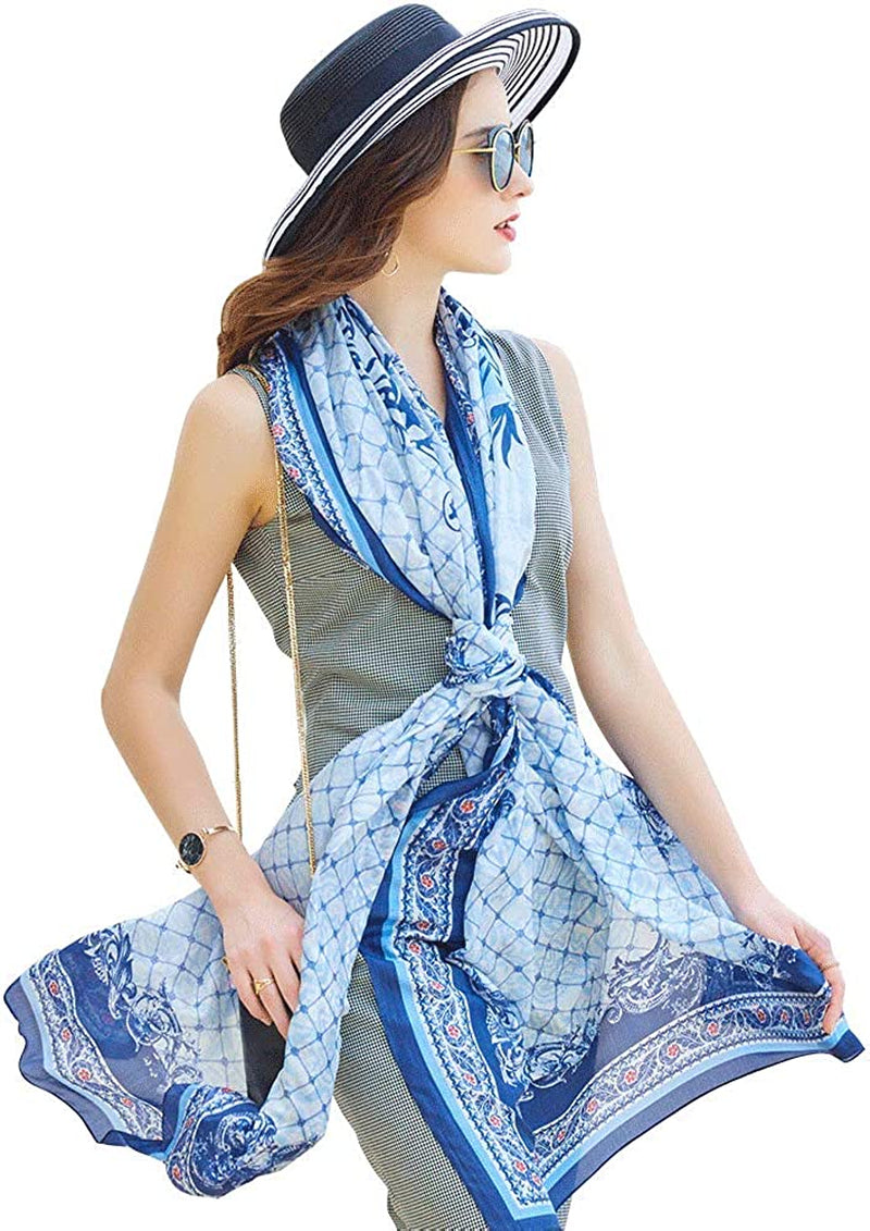 DANA XU Long Silk Fashion Oblong Floral Oversize Soft Scarf Wedding Shawls Beach Wraps Bandana Scarves for Women Apparel & Accessories > Clothing Accessories > Scarves & Shawls DANA XU 35 Blue  