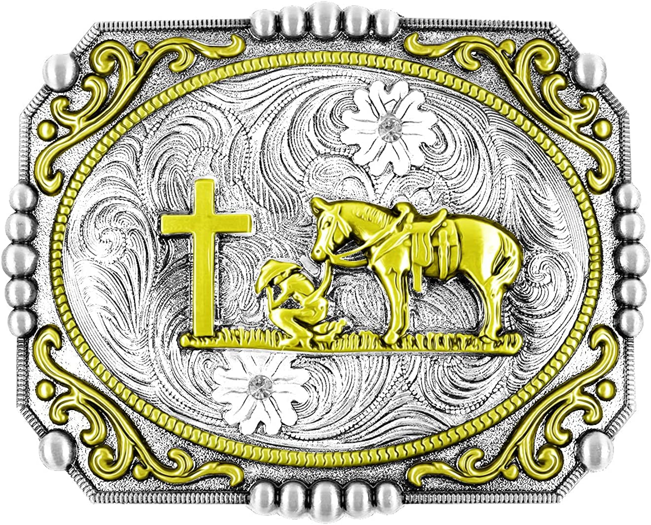 Moranse Religion Cross Cowboy Kneeling Prayer and Horse Design Belt Buckles Apparel & Accessories > Clothing Accessories > Belt Buckles Moranse Square Golden  