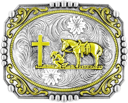Moranse Religion Cross Cowboy Kneeling Prayer and Horse Design Belt Buckles Apparel & Accessories > Clothing Accessories > Belt Buckles Moranse Square Golden  