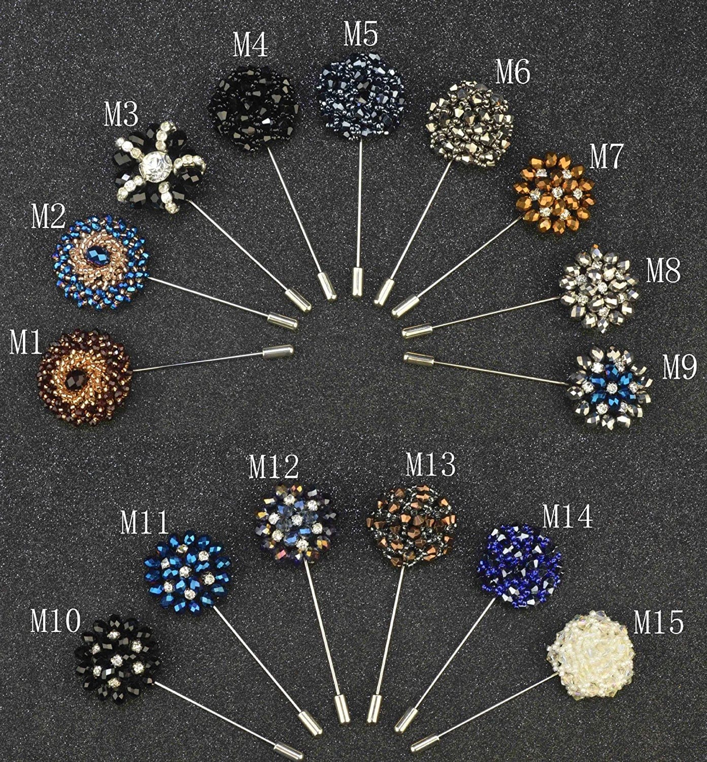 15PC Pack-Handmade Men'S Lapel Pin Rhinestone Crystal Flower Decor Boutonniere Pin for Suit Wedding Groom Groomsmen Brooch Rose Boutonniere (M1-M15)