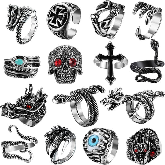 15Pcs Vintage Punk Rings for Men Women Snake Ring Dragon Open Rings Set Knuckle Stacking Ring Boho Finger Rings