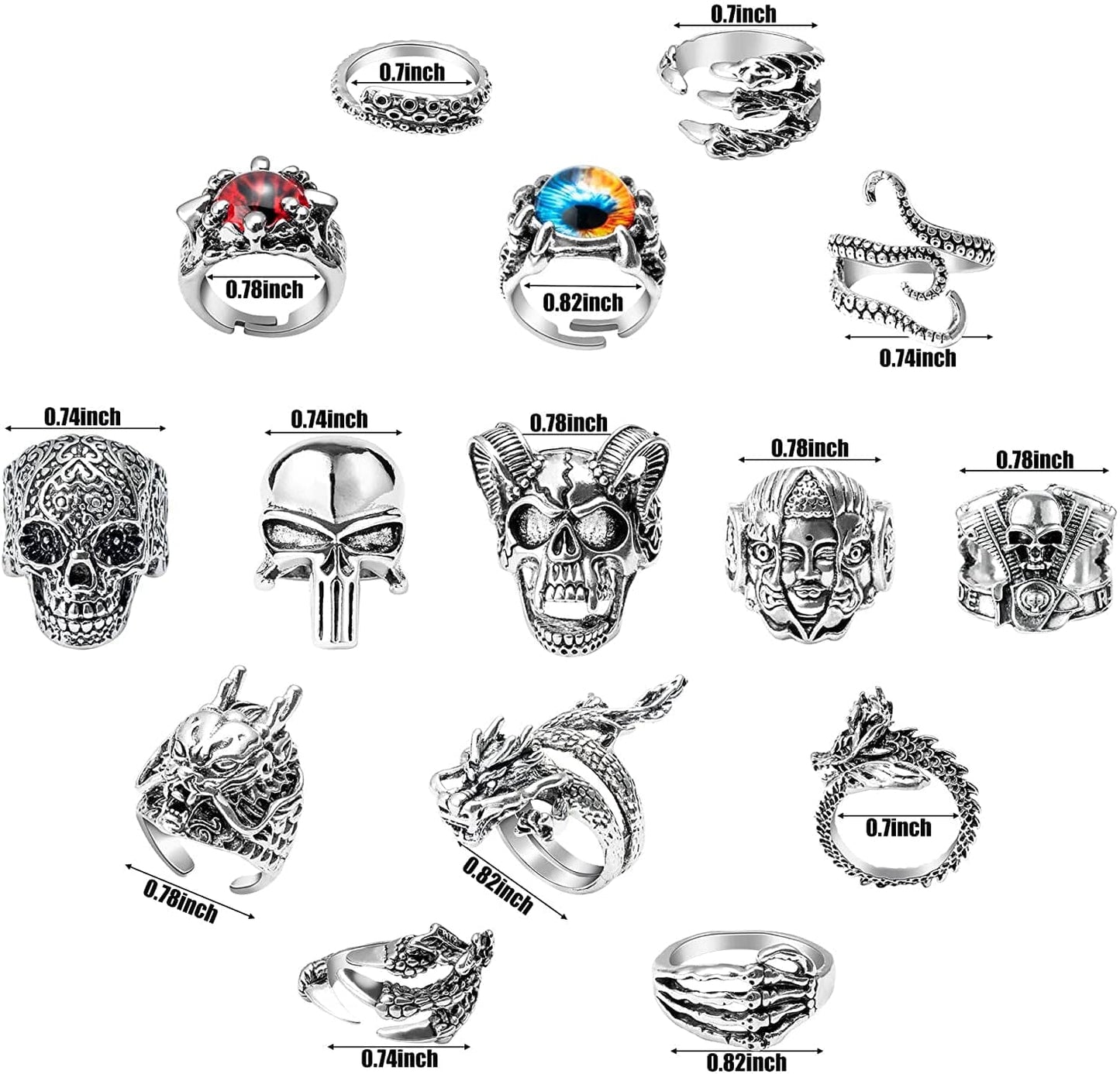 15Pcs Vintage Punk Rings Set, Gothic Alloy Biker Adjustable Rings, Skeleton Skull Evil Eye Chinese Dragon Claw Octopus Dragon Rings, Fashion Retro Black Silver Antique Jewelry