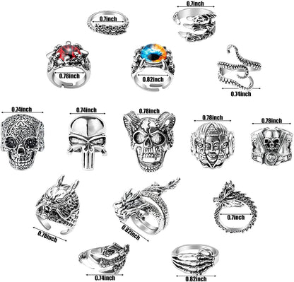 15Pcs Vintage Punk Rings Set, Gothic Alloy Biker Adjustable Rings, Skeleton Skull Evil Eye Chinese Dragon Claw Octopus Dragon Rings, Fashion Retro Black Silver Antique Jewelry