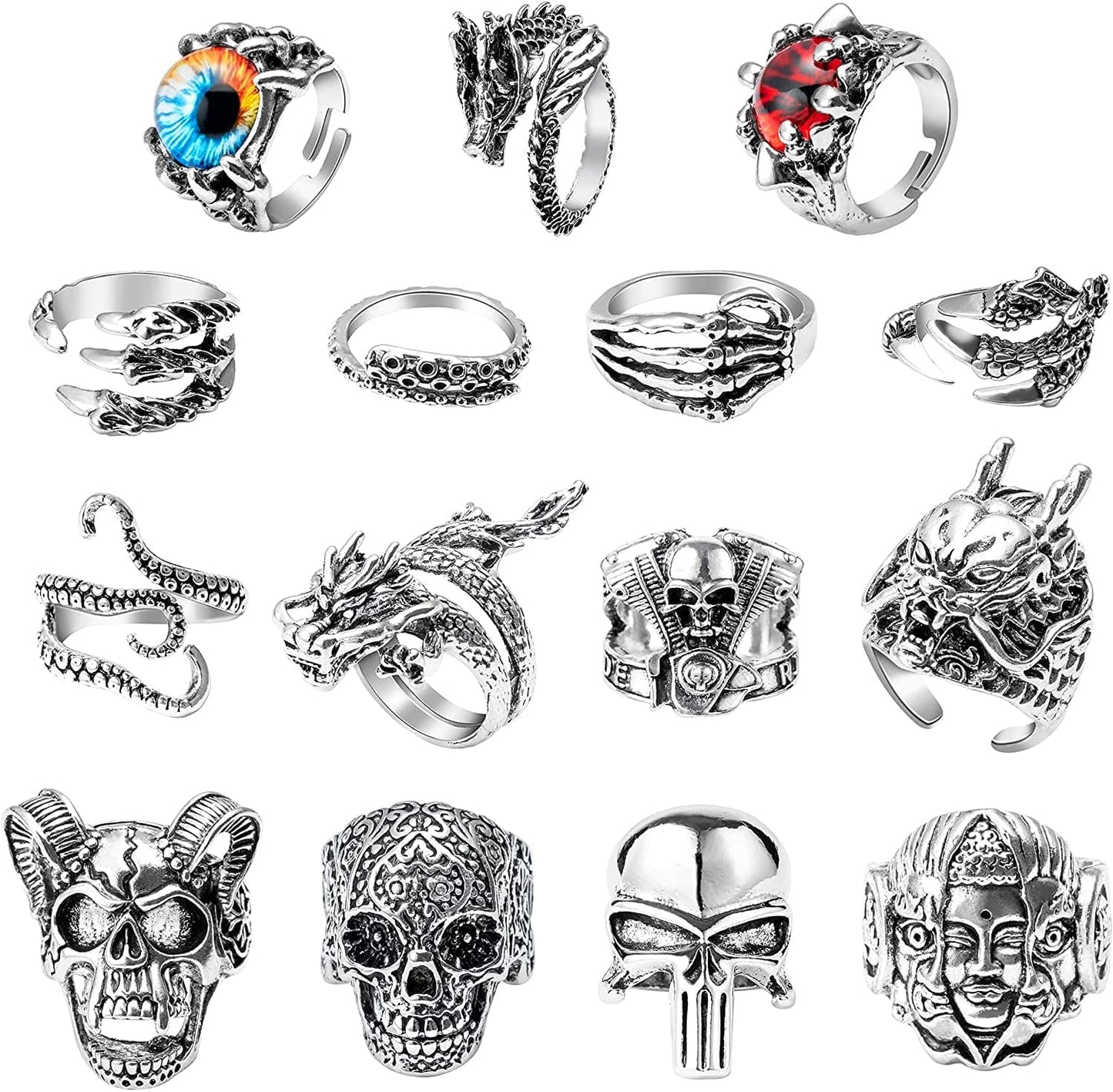 15Pcs Vintage Punk Rings Set, Gothic Alloy Biker Adjustable Rings, Skeleton Skull Evil Eye Chinese Dragon Claw Octopus Dragon Rings, Fashion Retro Black Silver Antique Jewelry