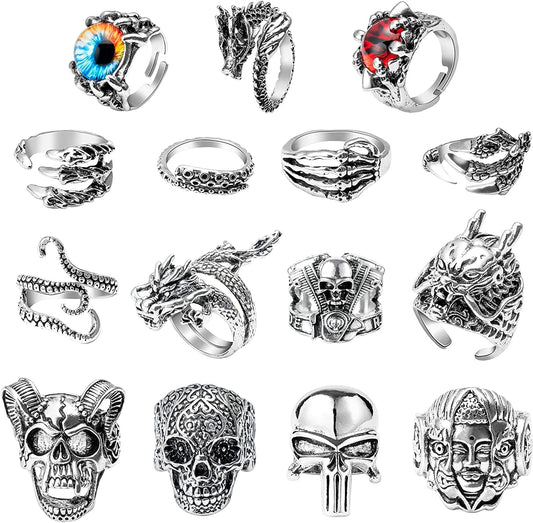 15Pcs Vintage Punk Rings Set, Gothic Alloy Biker Adjustable Rings, Skeleton Skull Evil Eye Chinese Dragon Claw Octopus Dragon Rings, Fashion Retro Black Silver Antique Jewelry