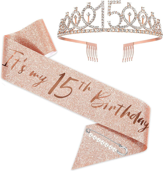 15Th Birthday Sash and Tiara for Girls, Rose Gold Birthday Sash Crown 15 & Fabulous Sash and Tiara for Girls, 15Th Birthday Gifts for Happy 15Th Birthday Party Favor Supplies Apparel & Accessories > Clothing Accessories > Sashes BRT Bearingshui   
