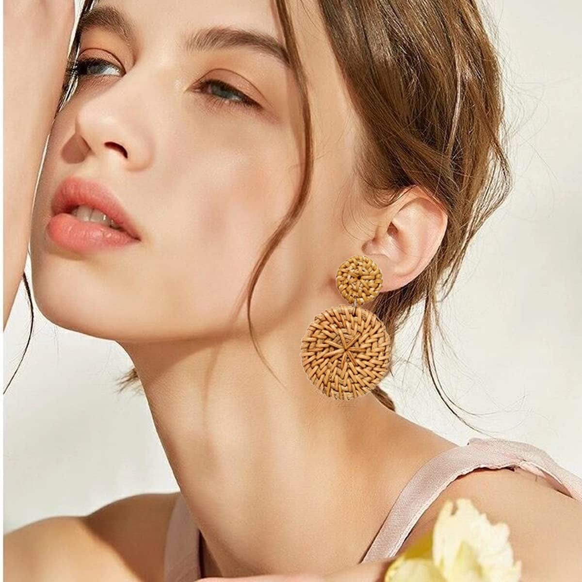 16 Pairs Trendy Acrylic Earrings Rattan Earrings for Women Girls-Summer Beach Straw Earrings Resin Dangle Drop Fashion Earrings Geometric Statement Earrings Vacation Jewelry