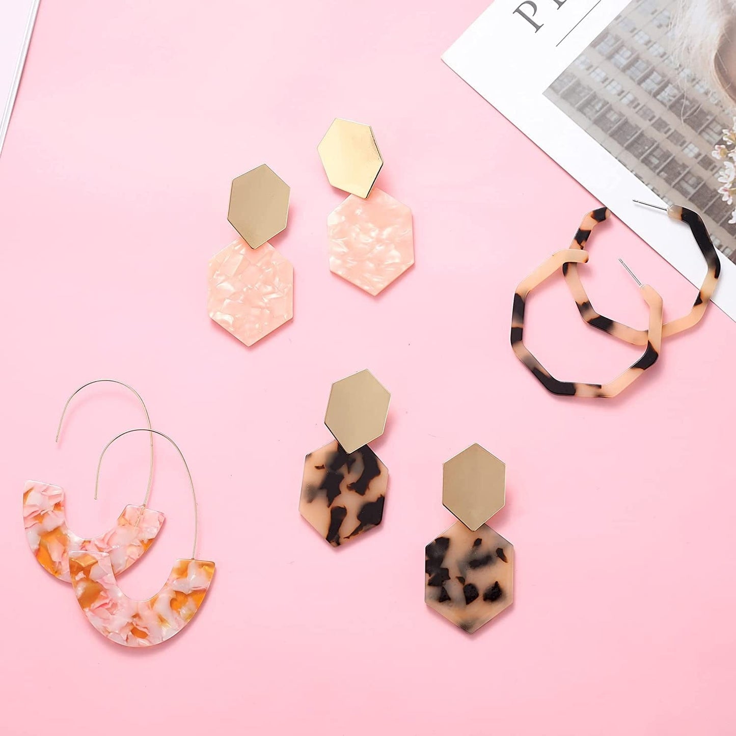 16 Pairs Trendy Acrylic Earrings Rattan Earrings for Women Girls-Summer Beach Straw Earrings Resin Dangle Drop Fashion Earrings Geometric Statement Earrings Vacation Jewelry