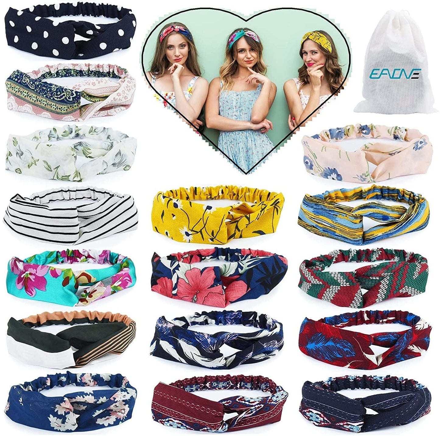 16 Pcs Boho Headbands for Women, EAONE Fashion Headbands Floral Bandeau Head Bands Retro Elastic Hair Bands Criss Cross Twisted Head Wrap Gifts for Women, Mom on Christmas/Birthday Apparel & Accessories > Clothing Accessories > Bandanas & Headties EAONE Floral Pattern+Stripes+Gird Pattern  