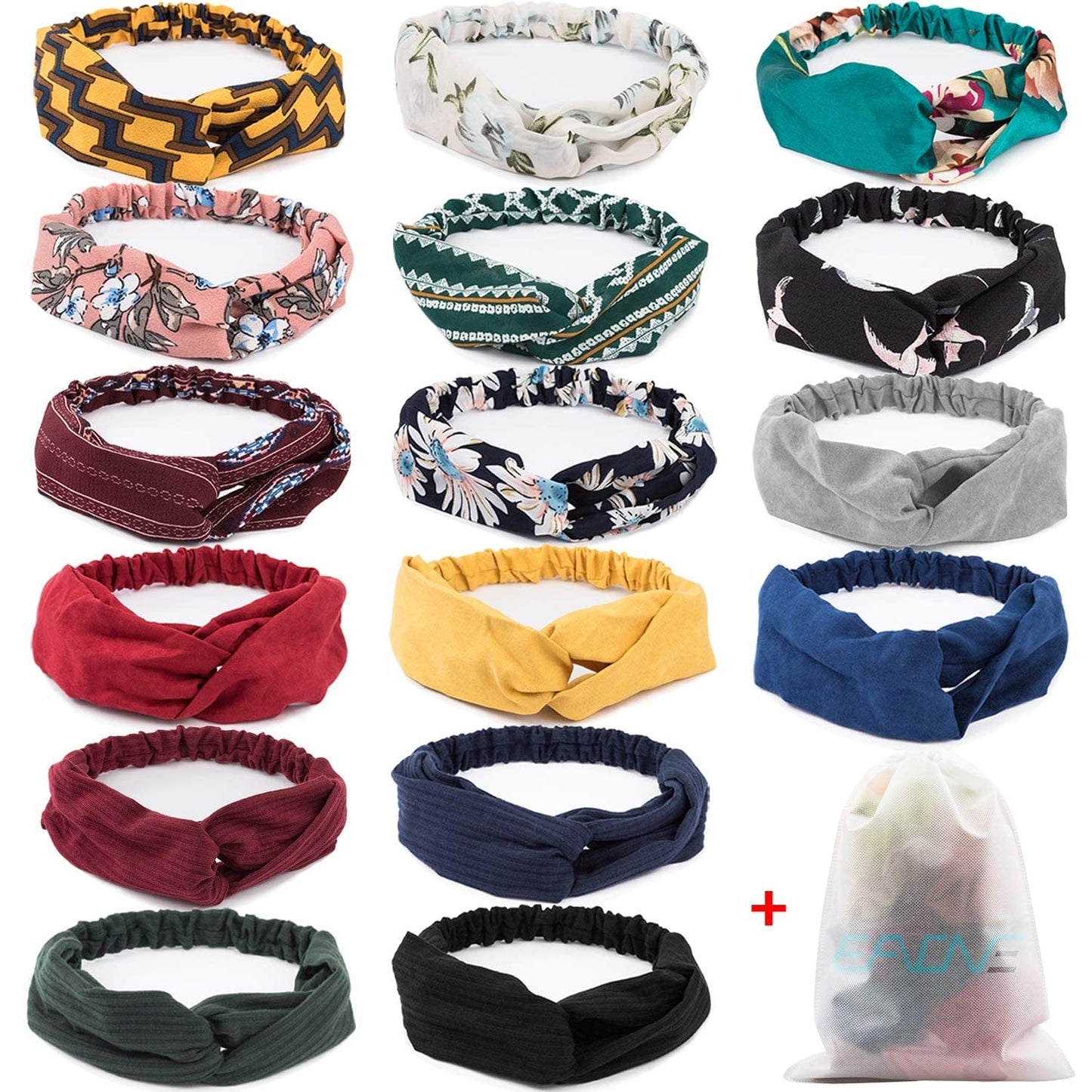 16 Pcs Boho Headbands for Women, EAONE Fashion Headbands Floral Bandeau Head Bands Retro Elastic Hair Bands Criss Cross Twisted Head Wrap Gifts for Women, Mom on Christmas/Birthday Apparel & Accessories > Clothing Accessories > Bandanas & Headties EAONE 1-Floral Pattern+Pure Color  
