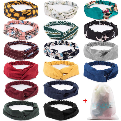 16 Pcs Boho Headbands for Women, EAONE Fashion Headbands Floral Bandeau Head Bands Retro Elastic Hair Bands Criss Cross Twisted Head Wrap Gifts for Women, Mom on Christmas/Birthday Apparel & Accessories > Clothing Accessories > Bandanas & Headties EAONE 1-Floral Pattern+Pure Color  