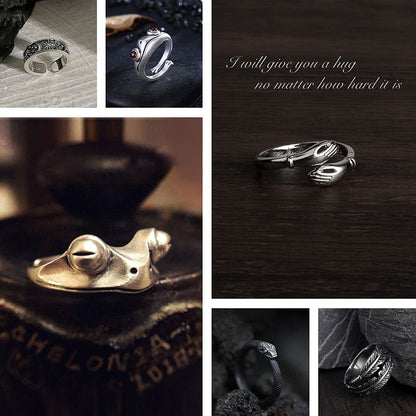 16 Pcs Silver Plated Frog Rings Set, Cute Animal Open Rings Pack, Vintage Goth Y2K Matching Rings, Cute and Stylish, Snake, Hug, Smiley Face, Moon and Sun Rings for Couples, Gift for Women Men Girls