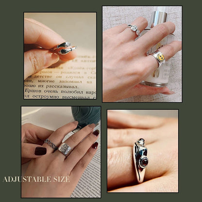 16 Pcs Silver Plated Frog Rings Set, Cute Animal Open Rings Pack, Vintage Goth Y2K Matching Rings, Cute and Stylish, Snake, Hug, Smiley Face, Moon and Sun Rings for Couples, Gift for Women Men Girls