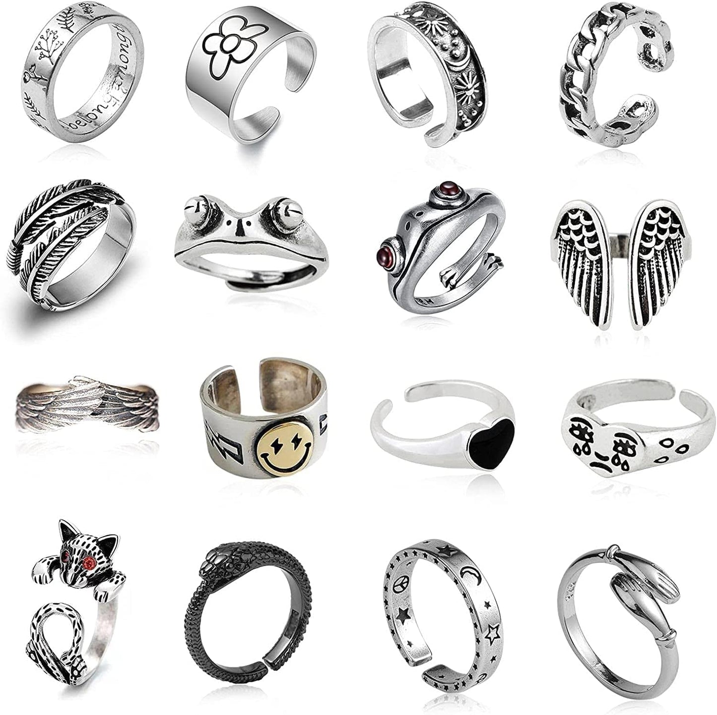 16 Pcs Silver Plated Frog Rings Set, Cute Animal Open Rings Pack, Vintage Goth Y2K Matching Rings, Cute and Stylish, Snake, Hug, Smiley Face, Moon and Sun Rings for Couples, Gift for Women Men Girls