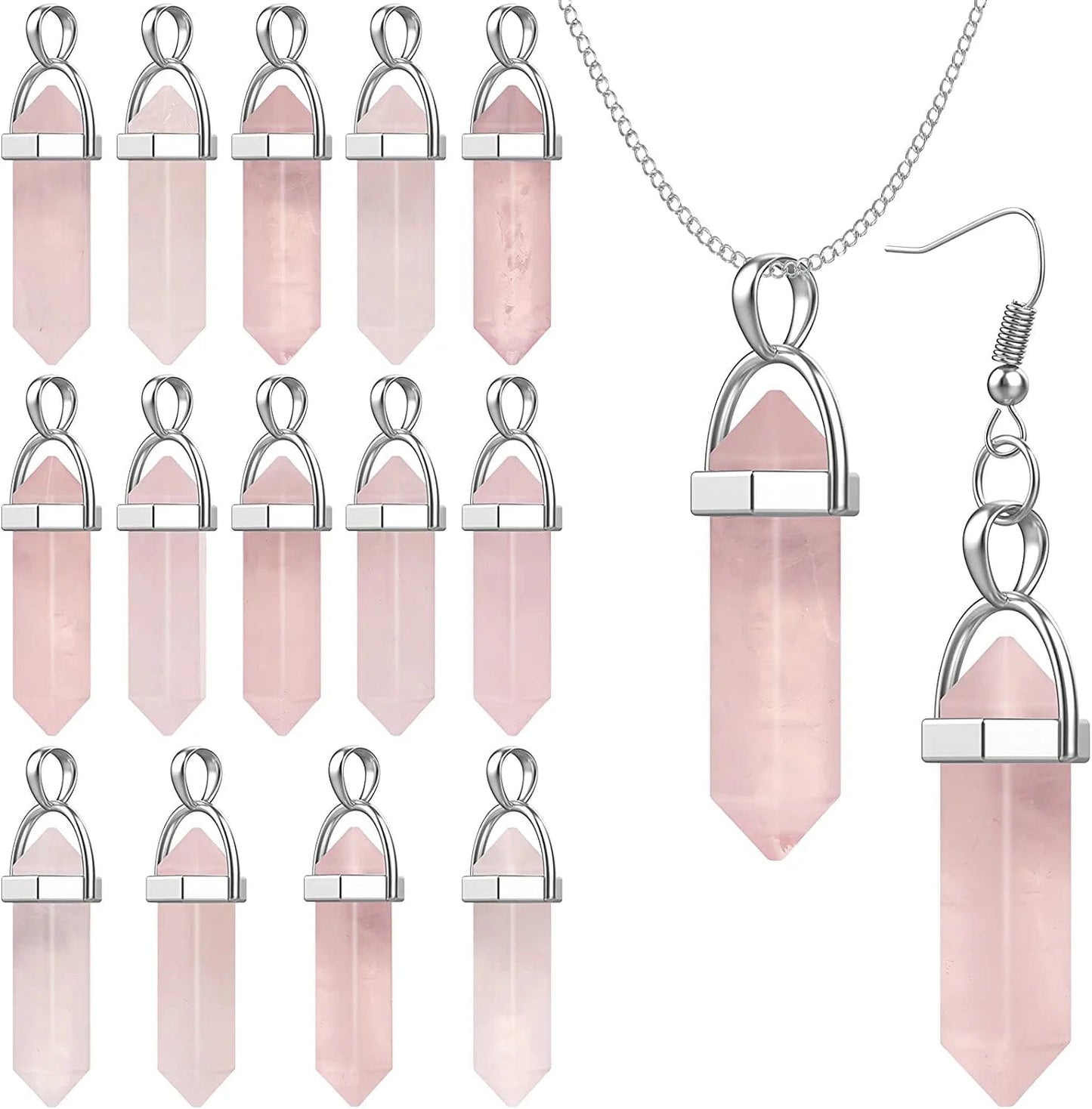 16 Pieces Hexagonal Crystal Pendulum Pendants Crystal Pendants Necklaces Quartz Pendants Stone Natural Charms Healing Stone Necklace Crystal Pendants for Jewelry Making Pink