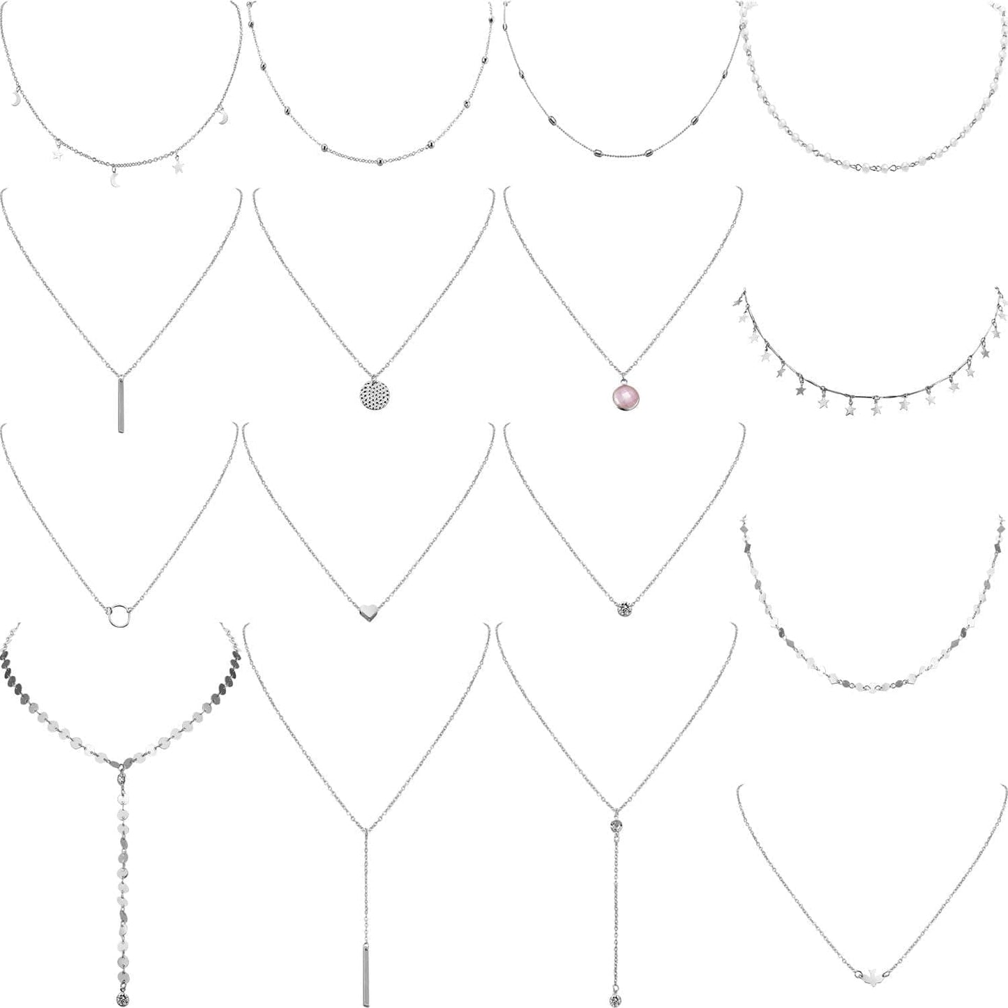 16 Pieces Layered Choker Necklace Adjustable Pendant Necklace Moon Sequins Choker Multilayer Chain Necklace Set for Women Girls Silver