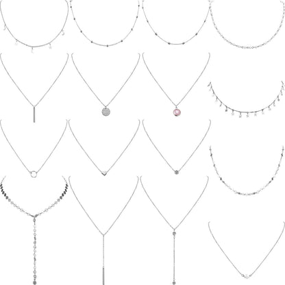 16 Pieces Layered Choker Necklace Adjustable Pendant Necklace Moon Sequins Choker Multilayer Chain Necklace Set for Women Girls Silver