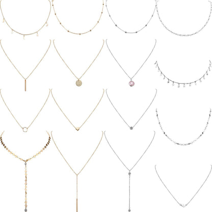 16 Pieces Layered Choker Necklace Adjustable Pendant Necklace Moon Sequins Choker Multilayer Chain Necklace Set for Women Girls Silver and Gold