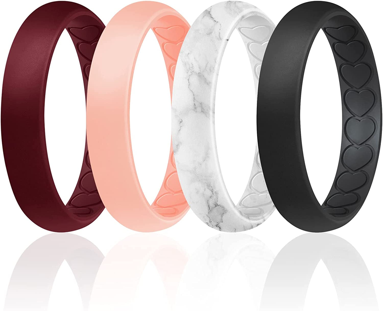 ROQ Silicone Wedding Bands for Women - Breathable Thin Inner Hearts Unique Design Womens Silicone Rubber Ring - Bridal Jewelry Set Anniversary Rings - U.S. Design Patent Pending Apparel & Accessories > Jewelry > Body Jewelry ROQ Bordeaux, Rose Gold, Marble White with Black, Black 5 - 5.5 (15.7mm) 