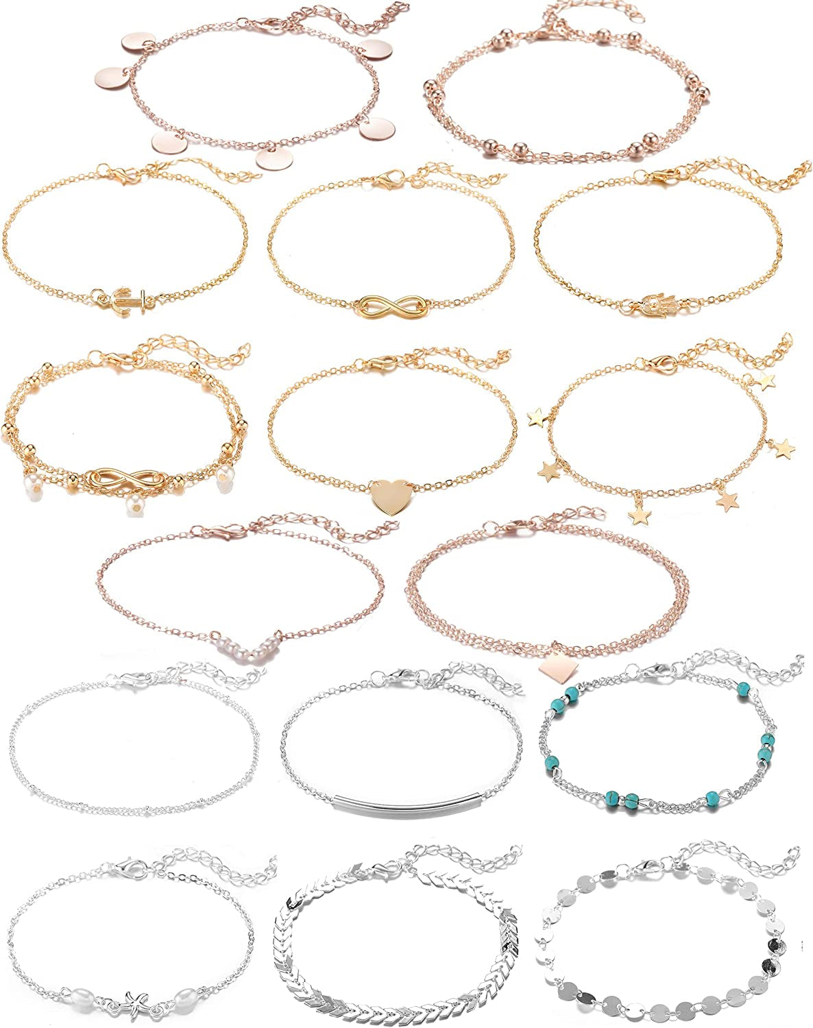 Softones 16Pcs Ankle Bracelets for Women Girls Gold Silver Two Style Chain Beach Anklet Bracelet Jewelry Anklet Set,Adjustable Size Apparel & Accessories > Jewelry > Anklets Softones E:6-gold 6-silver 4-Rose Gold  