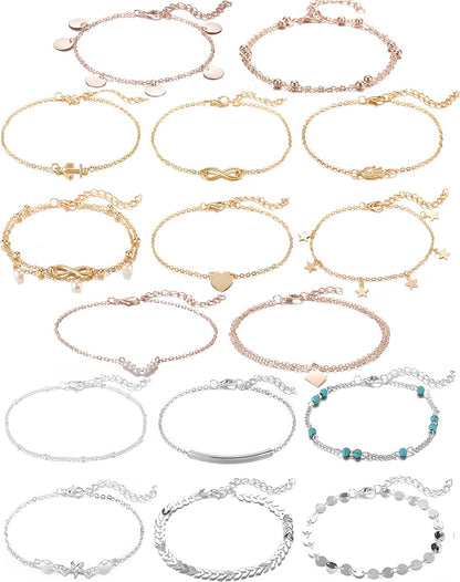 Softones 16Pcs Ankle Bracelets for Women Girls Gold Silver Two Style Chain Beach Anklet Bracelet Jewelry Anklet Set,Adjustable Size Apparel & Accessories > Jewelry > Anklets Softones E:6-gold 6-silver 4-Rose Gold  
