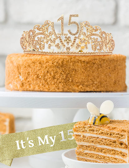 Verymerrymakering 15Th Birthday Sash and Tiara for Girls - Fabulous Set: Glitter Sash + Flowers Rhinestone Gold Premium Metal Tiara, 15Th Birthday Gifts for Teenegers Party Apparel & Accessories > Clothing Accessories > Sashes VeryMerryMakering   