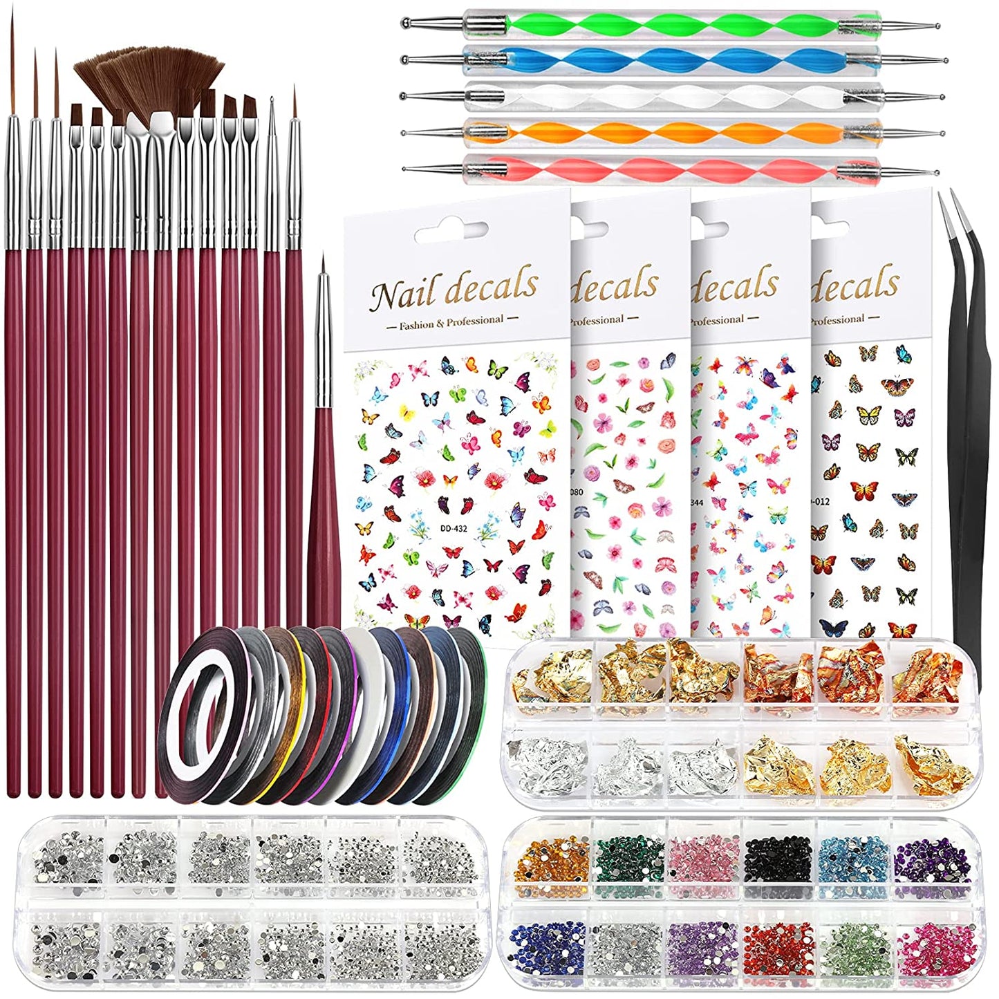 Nail Art Brushes Kit, Teenitor Nail Art Tool with Nail Dotting Tools, 3D Butterfly Nail Art Stickers, Nail Art Rhinestones and Pick up Tweezer, Nail Foil Flakes, Nail Art Striping Tape Health & Beauty > Personal Care > Cosmetics > Cosmetic Tools > Nail Tools Teenitor Rose red  