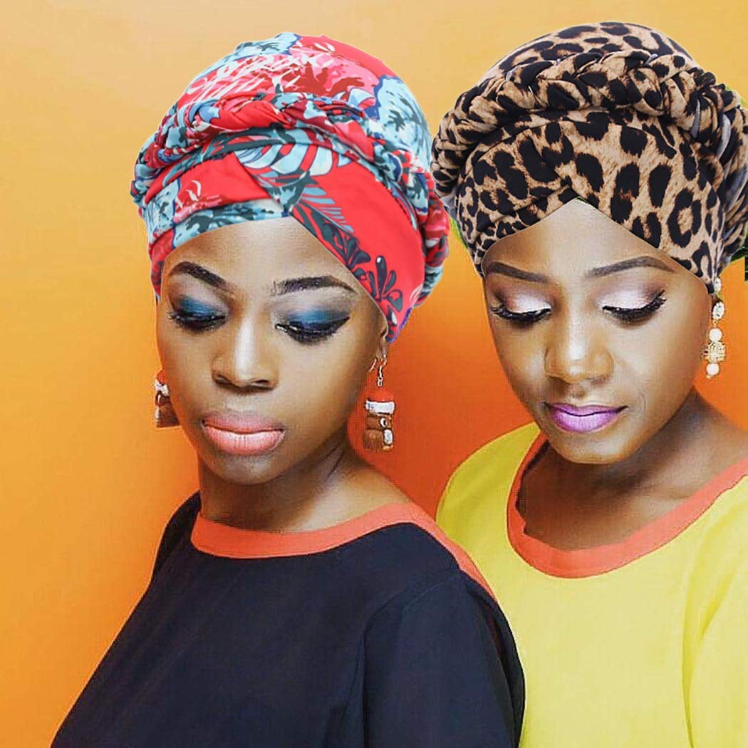 Woeoe African Turban Leopard Print Stretch Headwear Print Pattern Head Scarf Elastic Beanie Cap Head Wrap for Women and Girls(2 Pieces) Red Apparel & Accessories > Clothing Accessories > Headwear Woeoe   