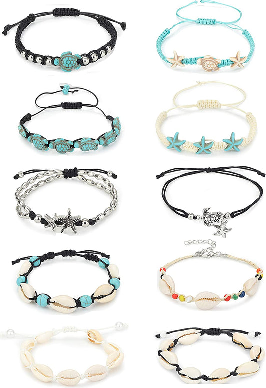 LOYALLOOK 10PCS Shell Turtle Ankle Bracelets Handmade Boho Anklet Jewelry Adjustable Natural Cowrie Shell Beach Bead Anklet for Women Apparel & Accessories > Jewelry > Anklets LOYALLOOK   