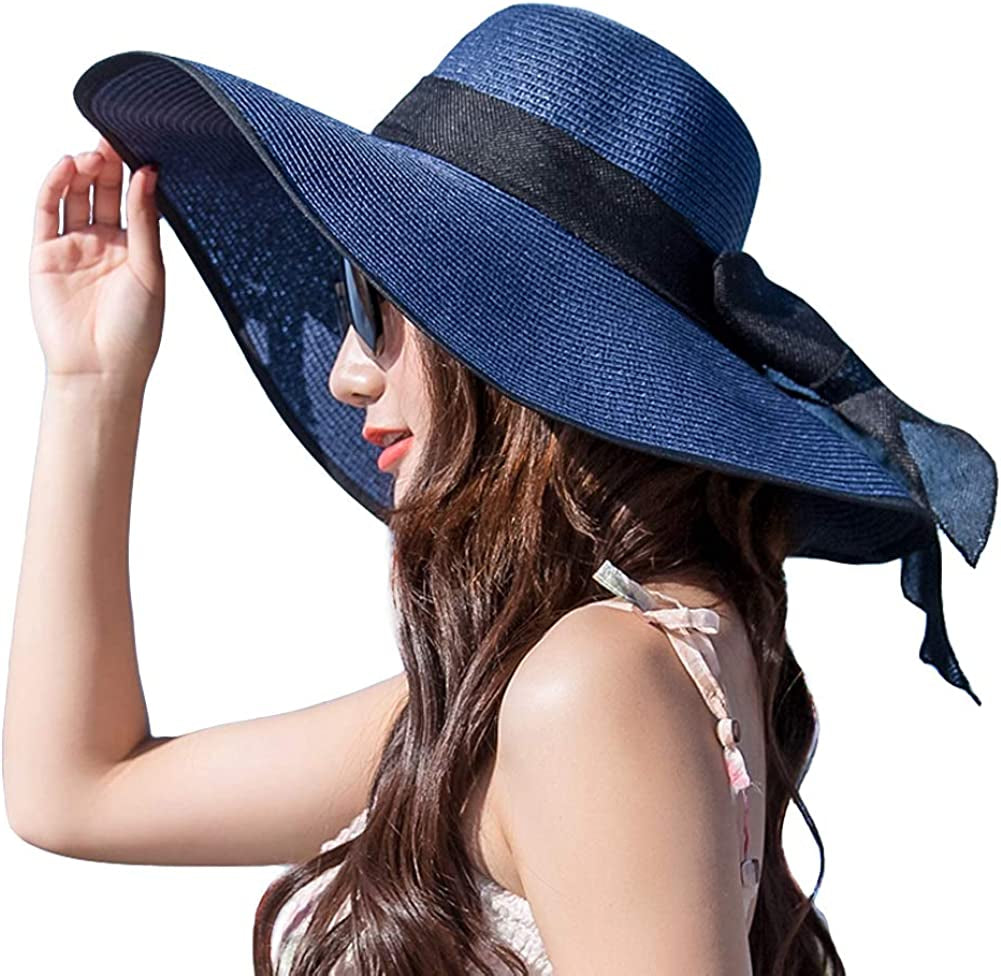 Women'S Folable Floppy Hat,Wide Brim Sun Protection Straw Hat, Summer UV Protection Beach Cap Apparel & Accessories > Clothing Accessories > Hats FSIGOM C1-e-navy Blue  