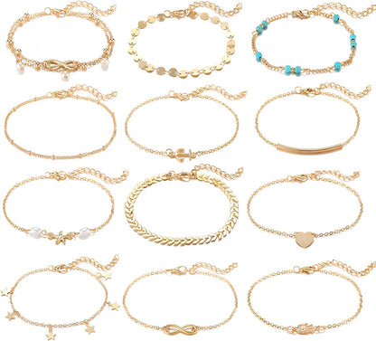Softones 12Pcs Ankle Bracelets for Women Girls Gold Silver Two Style Chain Beach Anklet Bracelet Jewelry Anklet Set,Adjustable Size Apparel & Accessories > Jewelry > Anklets Softones B:Gold  