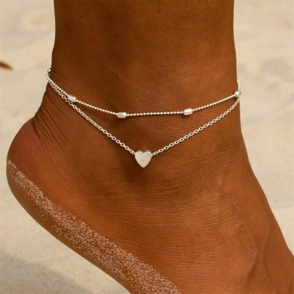 Tasiso 14K Gold Plated Layered Satellite Beads Heart Anklets Layering Rhinestone Cubic Zirconia Ankle Bracelets for Women Minimalist Summer Beach Foot Chain Ankle Jewelry Gifts Apparel & Accessories > Jewelry > Anklets Tasiso   