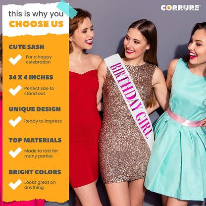 CORRURE 'Birthday Girl' Sash Glitter with Pink Foil - White Glitter Happy Birthday Sash for Women - Party Favors Supplies and Decorations for Sweet 16, 18Th 21St 30Th 40Th or Any Bday Party Apparel & Accessories > Clothing Accessories > Sashes CORRURE   