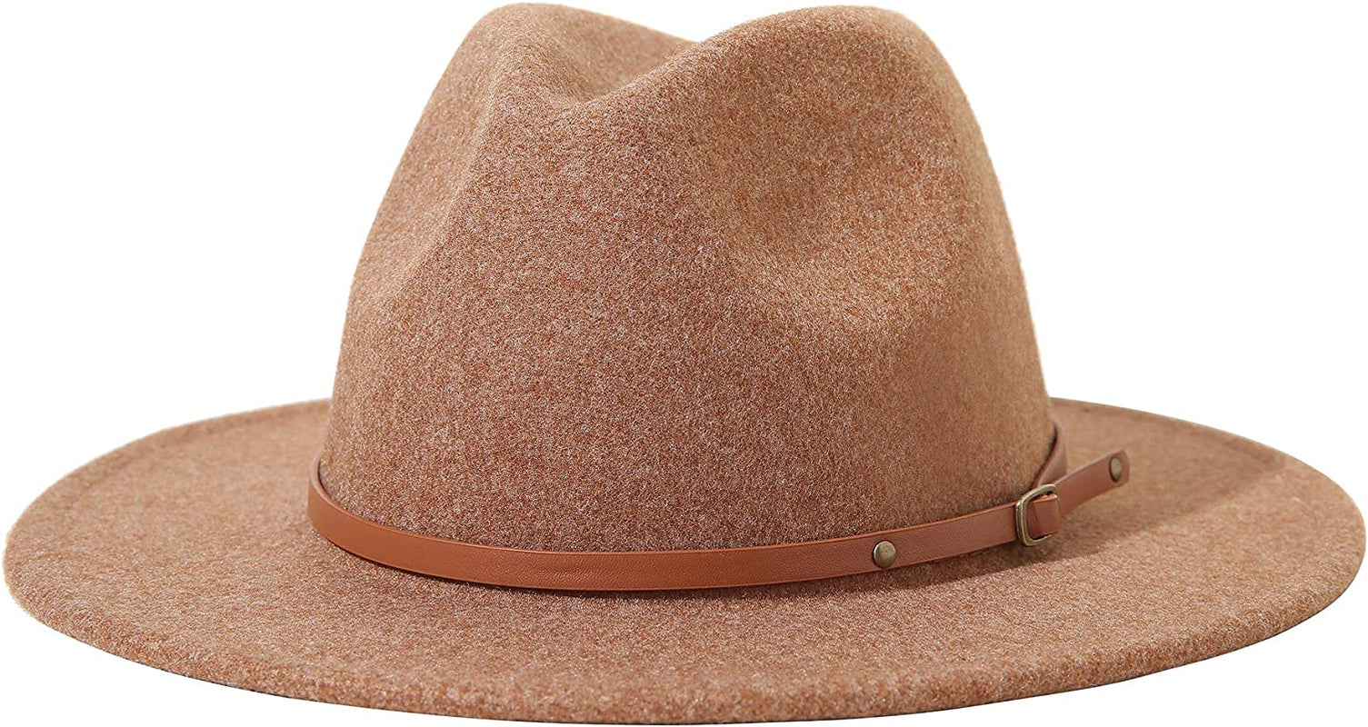 Lanzom Women Lady Felt Fedora Hat Wide Brim Wool Panama Hats with Band Apparel & Accessories > Clothing Accessories > Hats Lanzom E-khaki  