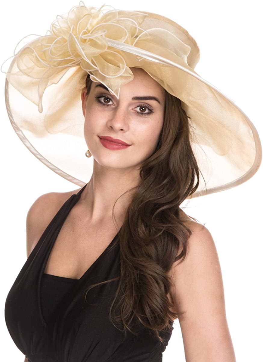 Lucky Leaf Women Kentucky Derby Church Cap Wide Brim Summer Sun Hat for Party Wedding Apparel & Accessories > Clothing Accessories > Headwear Lucky Leaf Large Champagne/White  