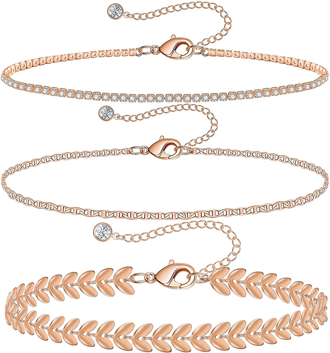 Gold Ankle Bracelets for Women 14K Gold Plated Anklet Silver Tennis Rose Quartz Cross Bead Herringbone Snake Paperclip Chain Cubic Zirconia Dainty Layered Anklet Set 3Pcs Apparel & Accessories > Jewelry > Anklets WeSparking X-Rose Gold-Leaf  