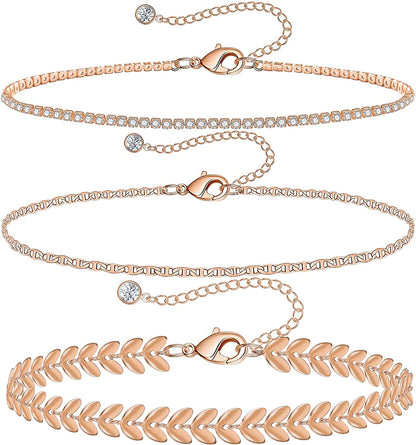 Gold Ankle Bracelets for Women 14K Gold Plated Anklet Silver Tennis Rose Quartz Cross Bead Herringbone Snake Paperclip Chain Cubic Zirconia Dainty Layered Anklet Set 3Pcs Apparel & Accessories > Jewelry > Anklets WeSparking X-Rose Gold-Leaf  