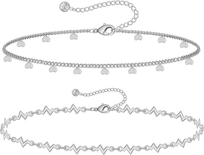 Gold Ankle Bracelets for Women 14K Gold Plated Anklet Silver Tennis Rose Quartz Cross Bead Herringbone Snake Paperclip Chain Cubic Zirconia Dainty Layered Anklet Set 3Pcs Apparel & Accessories > Jewelry > Anklets WeSparking ZK-White Gold-Heart Chain  