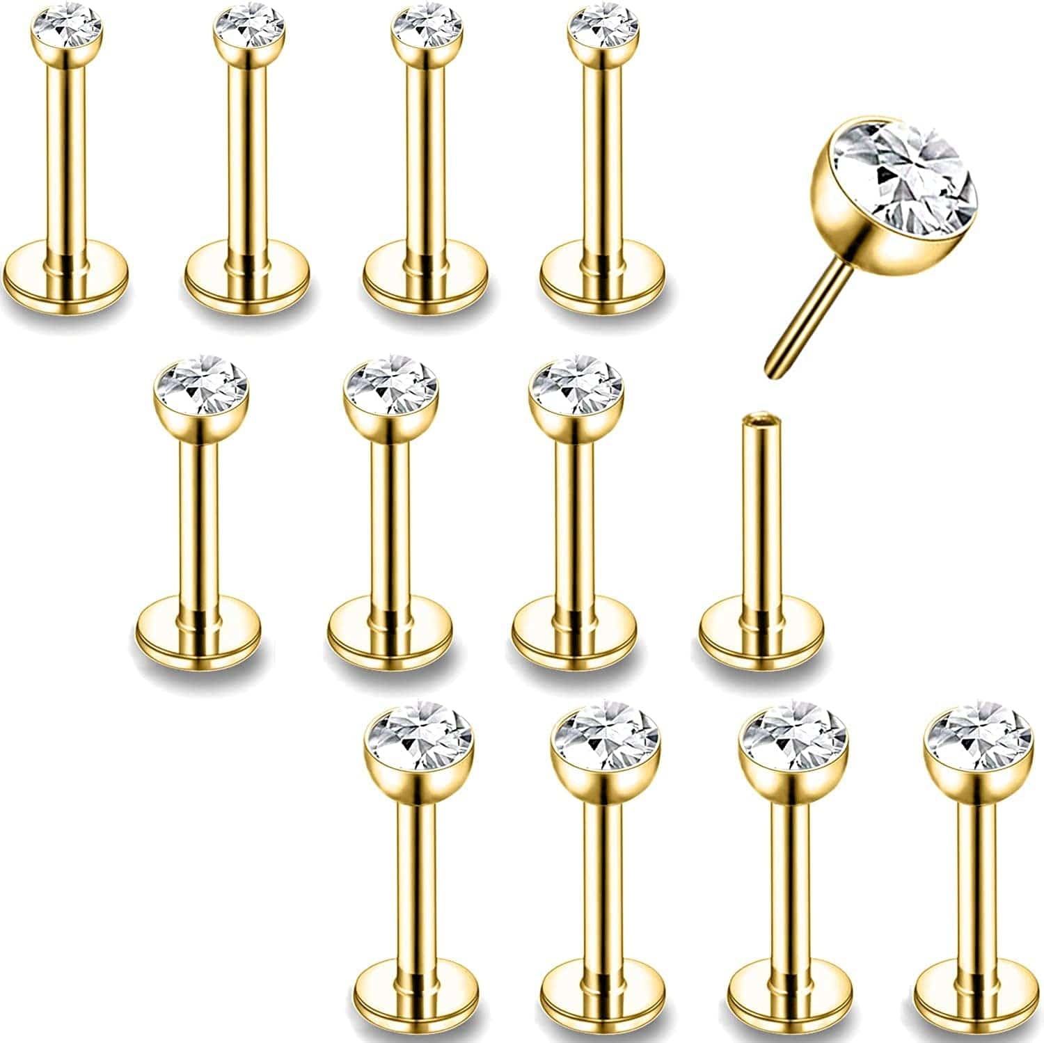 16G/18G/20G Threadless Lip Rings Tragus Earrings Surgical Steel Helix Conch Cartilage Earrings Monroe Piercing Jewelry for Women Men Labret Studs Apparel & Accessories > Jewelry > Body Jewelry PunkTracker 16G, Gold, Round CZ, 10mm Length  
