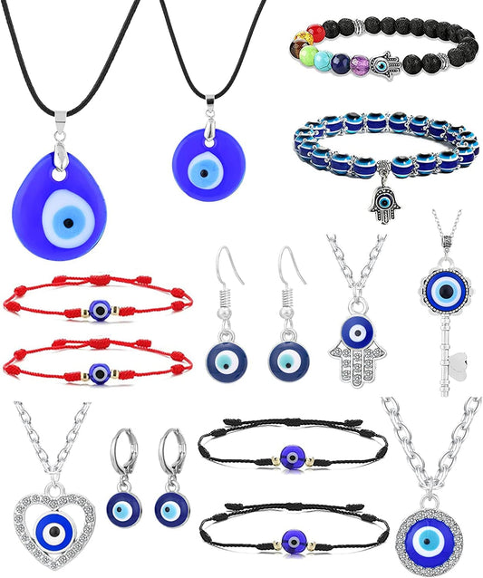 16Pcs Evil Eye Necklace Pendent for Women Men Leather Rope Hamsa Hand Pendant Evil Eye Earrings Protection Bracelet Jewelry Set Evil Eye Charms Friendship Gift A: 16 PCS