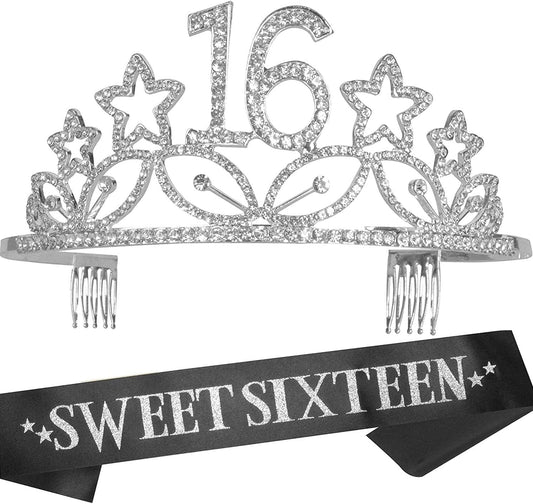 16Th Birthday Sash and Tiara for Girls - Fabulous Set: Glitter Sash + Stars Rhinestone Silver Premium Metal Tiara, 16Th Birthday Gifts for Sweet 16 Birthday Party Apparel & Accessories > Clothing Accessories > Sashes MEANT2TOBE Silver  