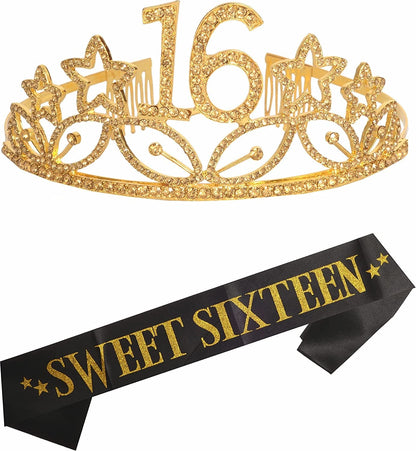 16Th Birthday Sash and Tiara for Girls - Fabulous Set: Glitter Sash + Stars Rhinestone Silver Premium Metal Tiara, 16Th Birthday Gifts for Sweet 16 Birthday Party Apparel & Accessories > Clothing Accessories > Sashes MEANT2TOBE Gold  