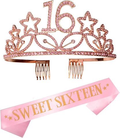 16Th Birthday Sash and Tiara for Girls - Fabulous Set: Glitter Sash + Stars Rhinestone Silver Premium Metal Tiara, 16Th Birthday Gifts for Sweet 16 Birthday Party Apparel & Accessories > Clothing Accessories > Sashes MEANT2TOBE Pink  
