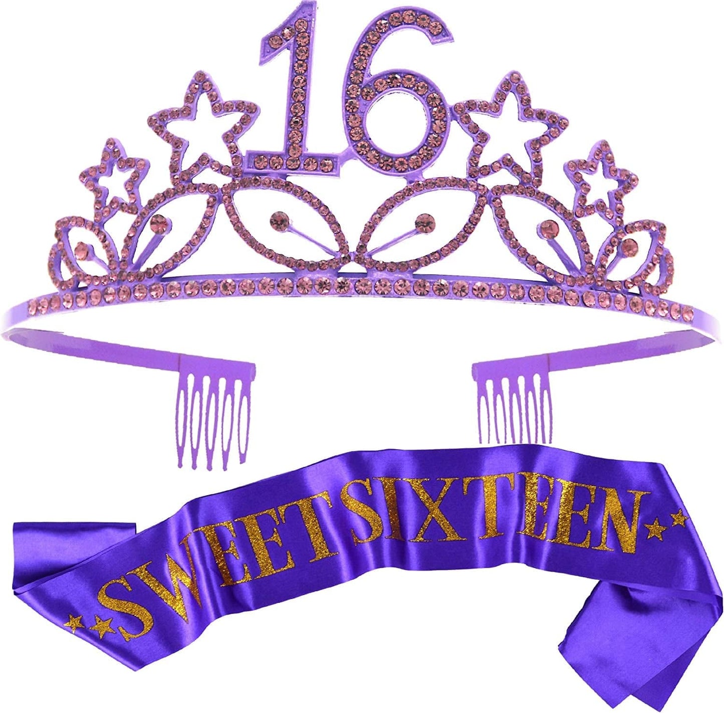 16Th Birthday Sash and Tiara for Girls - Fabulous Set: Glitter Sash + Stars Rhinestone Silver Premium Metal Tiara, 16Th Birthday Gifts for Sweet 16 Birthday Party Apparel & Accessories > Clothing Accessories > Sashes MEANT2TOBE purple  