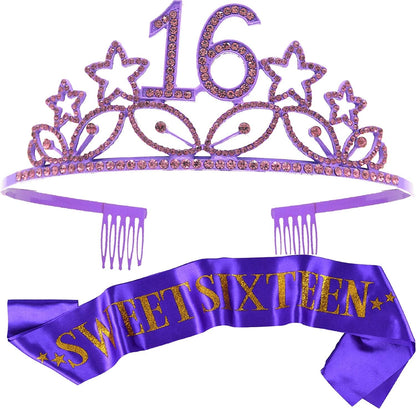 16Th Birthday Sash and Tiara for Girls - Fabulous Set: Glitter Sash + Stars Rhinestone Silver Premium Metal Tiara, 16Th Birthday Gifts for Sweet 16 Birthday Party Apparel & Accessories > Clothing Accessories > Sashes MEANT2TOBE purple  
