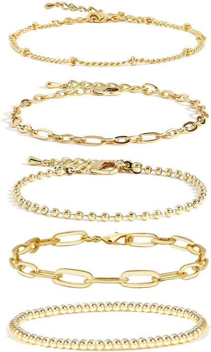 Gold Chain Bracelet Sets for Women Girls 14K Gold Plated Dainty Link Paperclip Bracelets Stake Adjustable Layered Metal Link Bracelet Set Fashion Jewelry Apparel & Accessories > Jewelry > Bracelets CONRAN KREMIX Style-4  